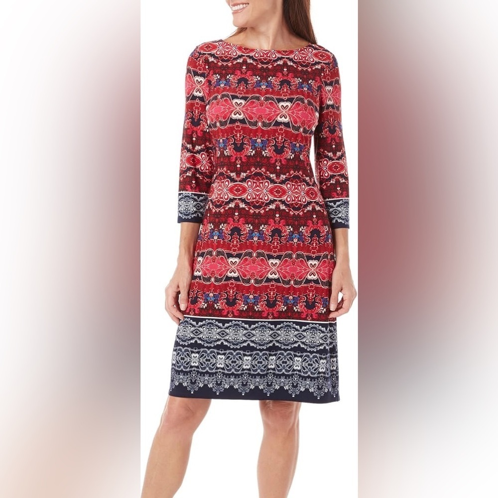 London Times Women's Twin Garland 3/4 Sleeve Matte Jersey Shift Dress
